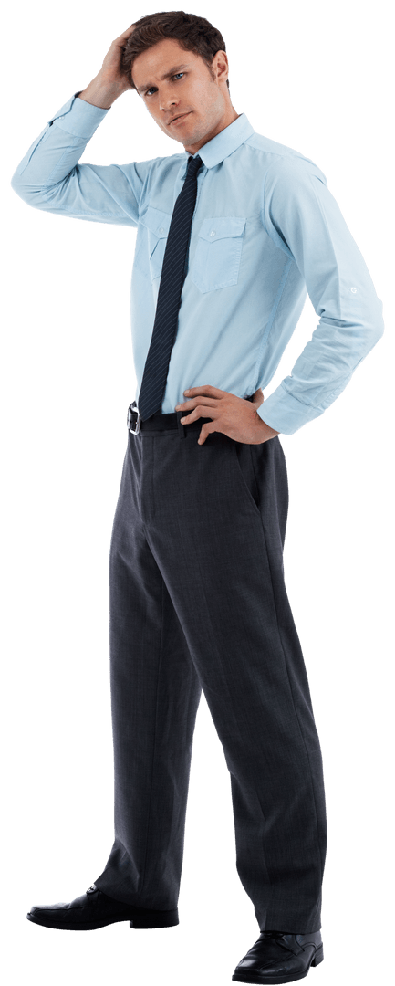 Transparent business professional thinking with hand on head in formal attire