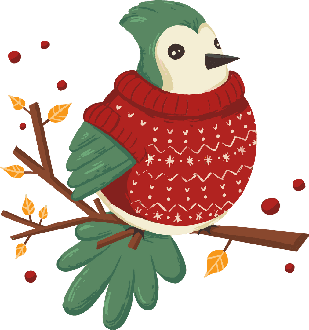 Whimsical Green Bird in Red Sweater on Transparent Background