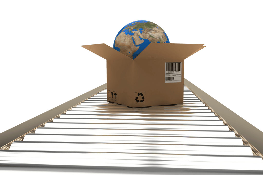 Earth Globe Emerging from Cardboard Box on Transparent Conveyor
