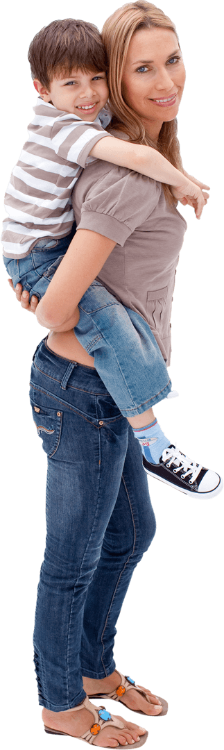 Transparent Mother and Son Piggyback Ride Smiling Bond