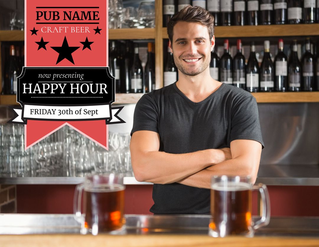 Smiling Bartender Advertising Happy Hour Special at Bar