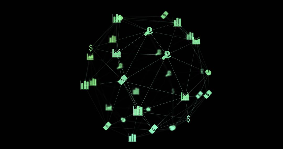 Digital Network Sphere with Data Icons on Black