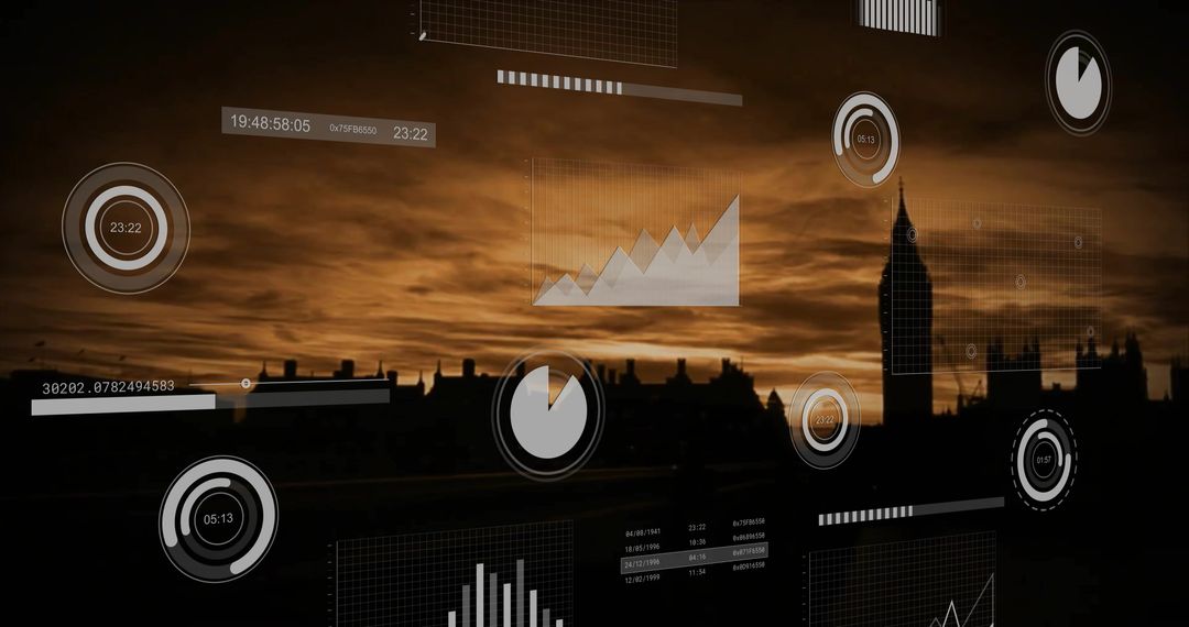 Futuristic Data Interface Overlaid on Dusk City Skyline