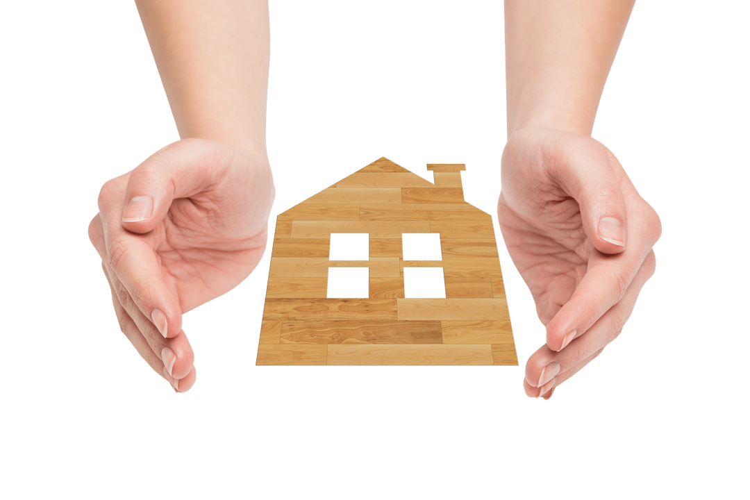 Hands Protecting Wooden House Symbol on Transparent Background