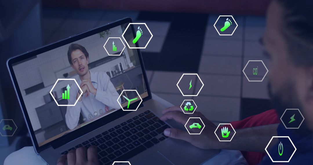 Man Engaging in Virtual Eco Conference with Digital Icons
