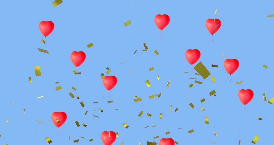 Floating Heart Balloons with Golden Confetti on Sky Blue