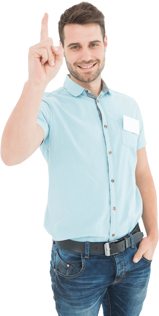 Cheerful Delivery Man Pointing Finger with Transparent Background