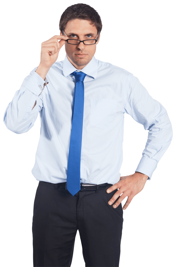 Serious Businessman Wearing Blue Tie on Transparent Background