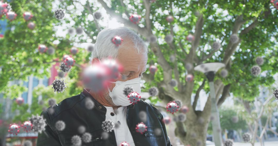 Senior Man with Face Mask and Animated Virus Particles Outdoors