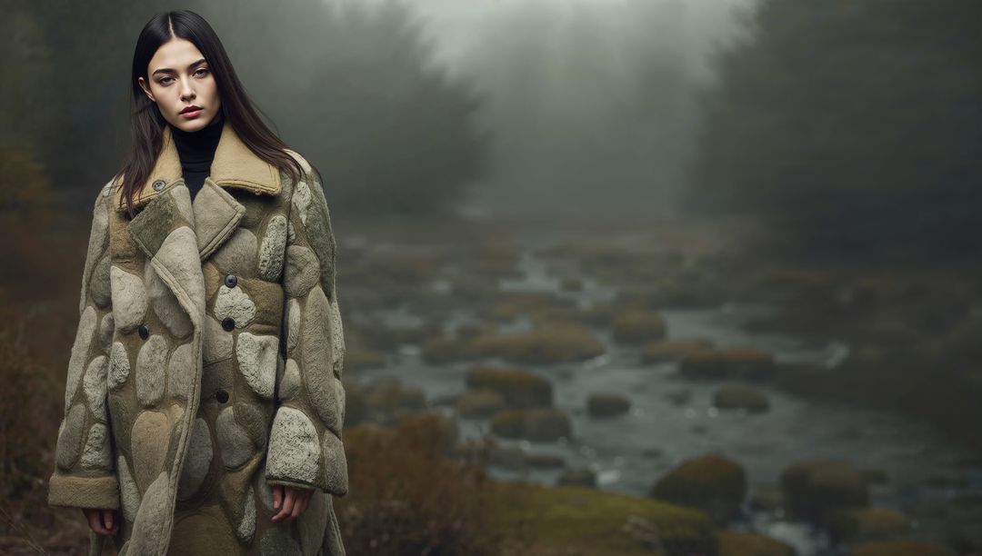 Model Standing in Misty Marsh Wearing Shearling Patchwork Coat and Dark Turtleneck