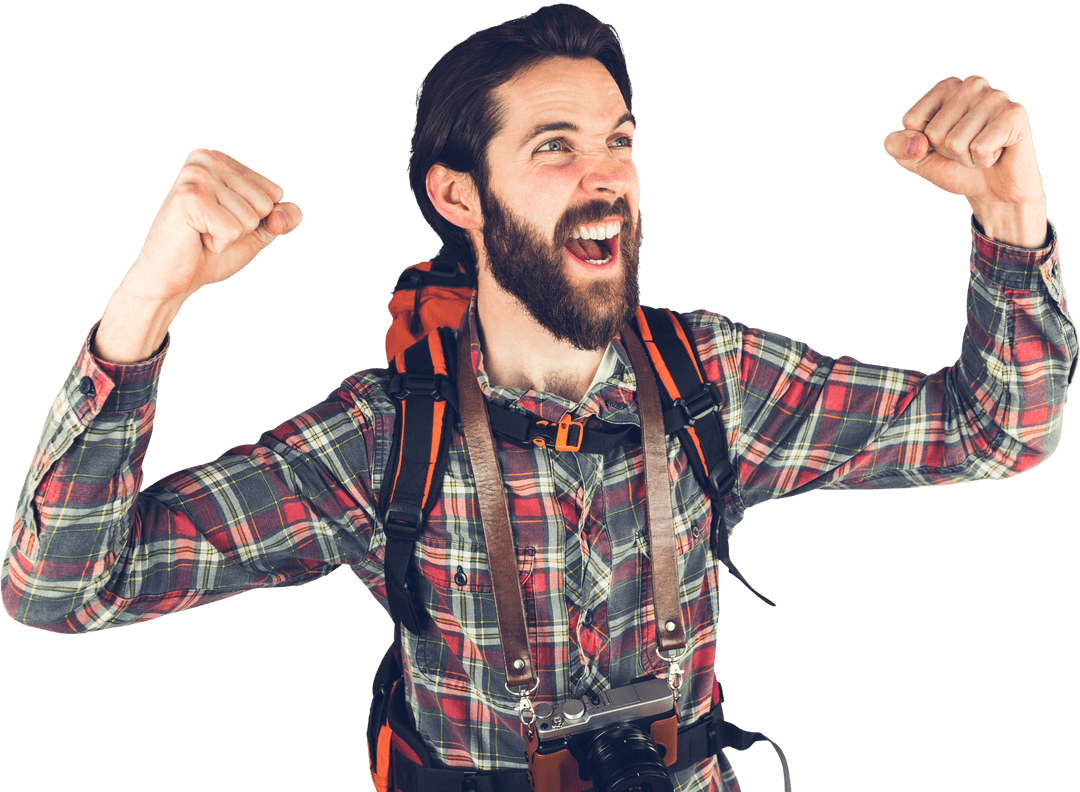 Excited Bearded Hiker Celebrating Victory with Arms Raised Transparent Background