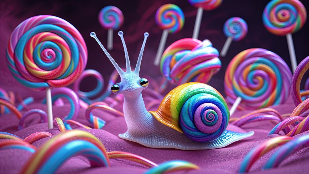 Whimsical Snail with Rainbow Shell in Candy Land Landscape