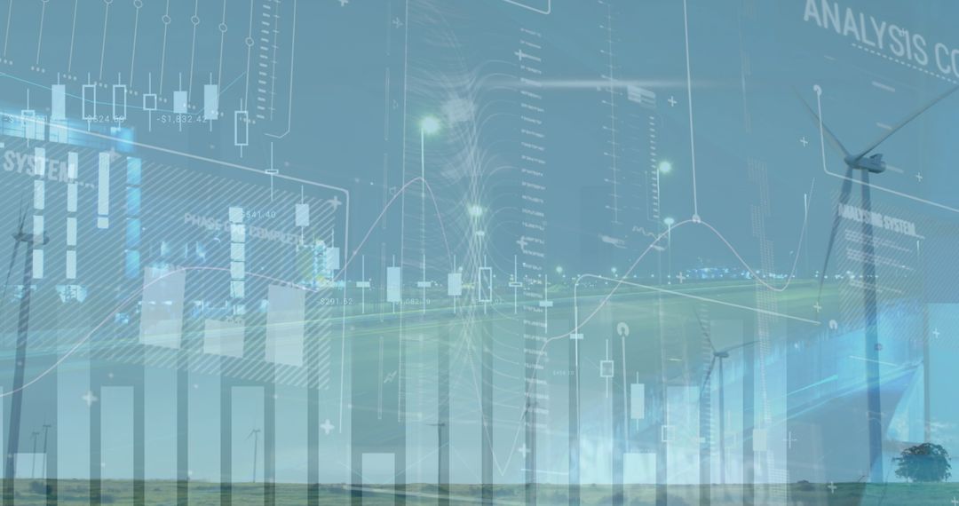 Futuristic Data Visualization Over Wind Turbines