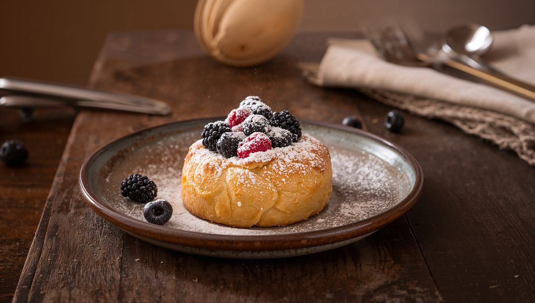 Rustic Brioche Pastry Topping Mixed Berries and Powdered Sugar on Ceramic Plate