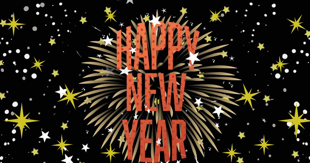 Festive New Year Greeting Text with Fireworks and Stars