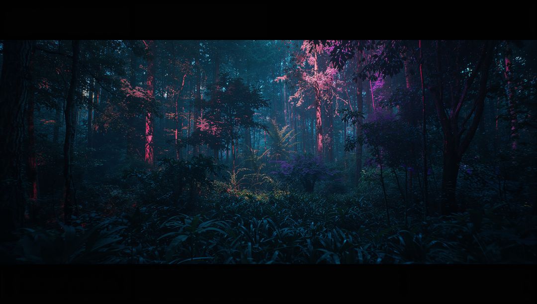 Mystical Nocturnal Forest with Glowing Plants and Neon Lighting