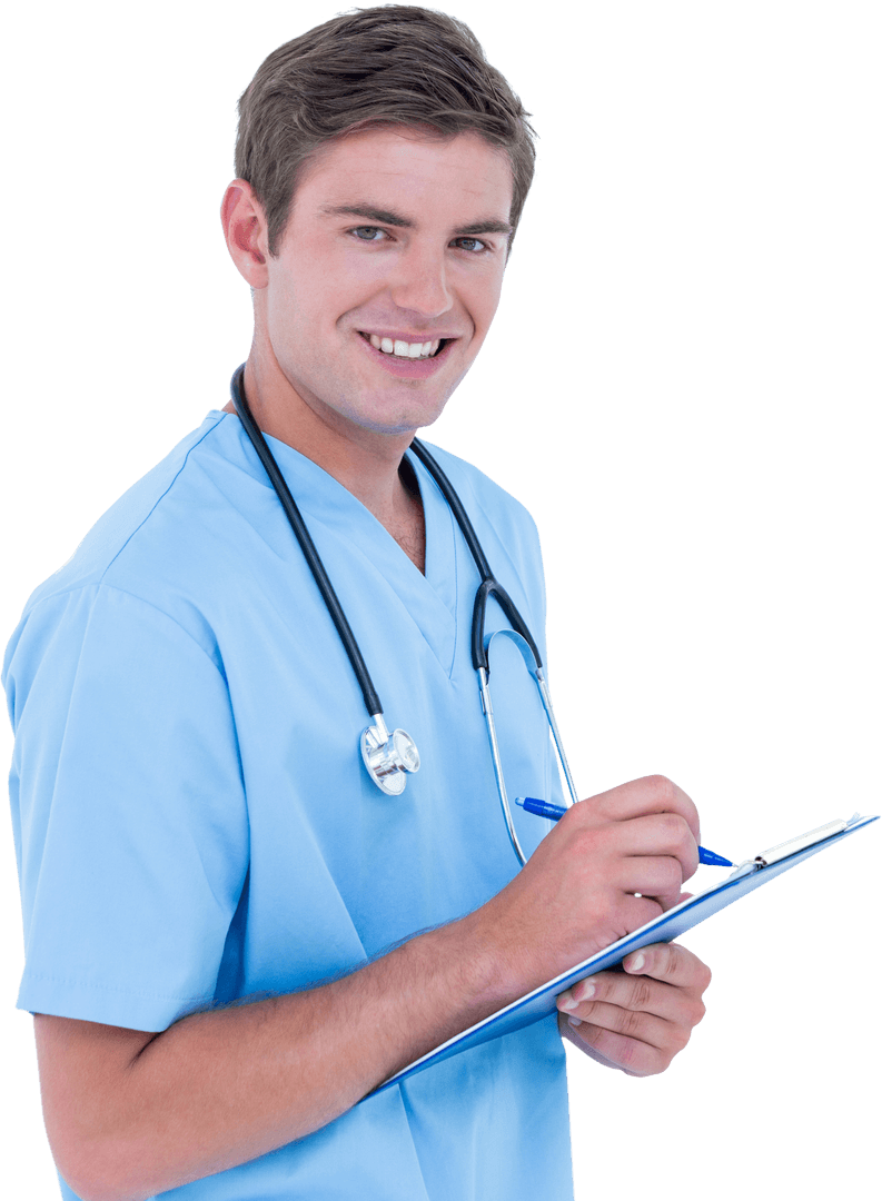 Smiling Doctor Writing on Clipboard with Transparent Background