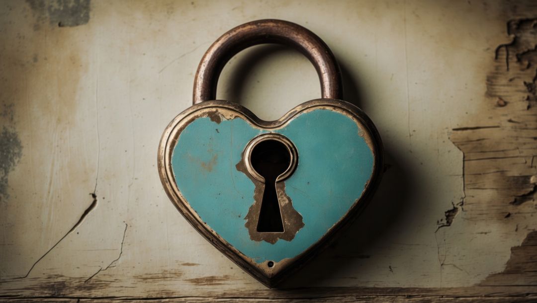 Vintage Heart-Shaped Padlock on Rustic Wooden Background