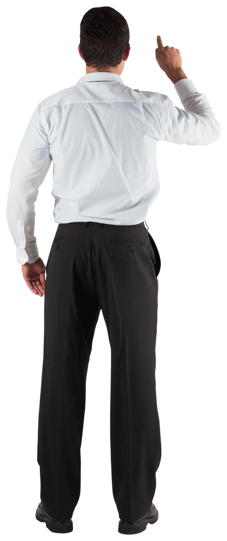 Back View of Businessman in Formal Attire Pointing on Transparent Background
