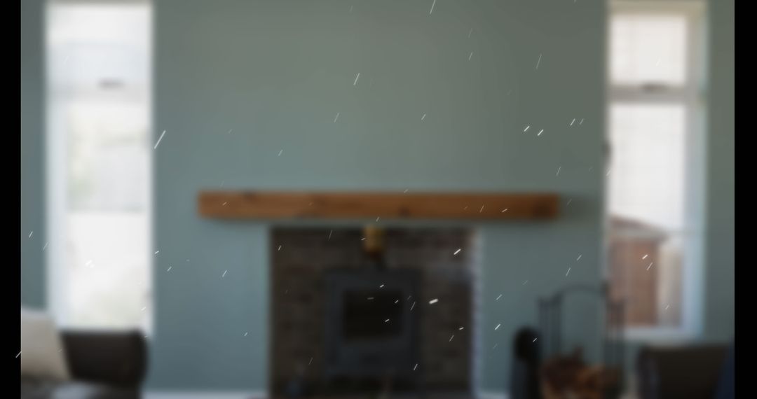 Empty Living Room with Fireplace and Digital Interface Overlay