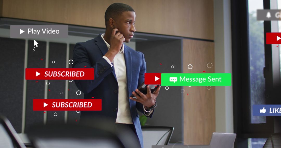 Businessman Interacting with Social Media Notifications in Office