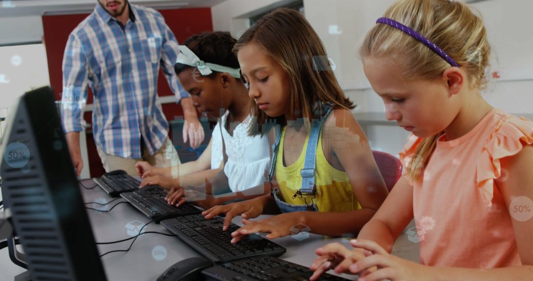 Diverse Schoolchildren and Teacher Engaging in Computer Learning