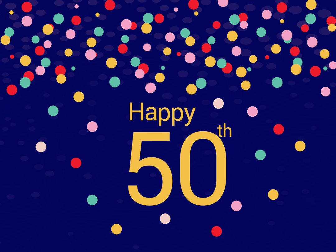 Happy 50th Celebration with Vibrant Confetti on Dark Blue Background - Download Free Stock Templates Pikwizard.com