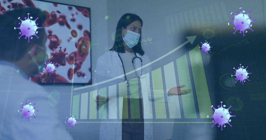 Female Doctor Discussing Pandemic Impact with Growing Trend Graph