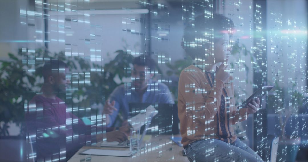 Diverse Team Collaborating in High-Tech Digital Environment