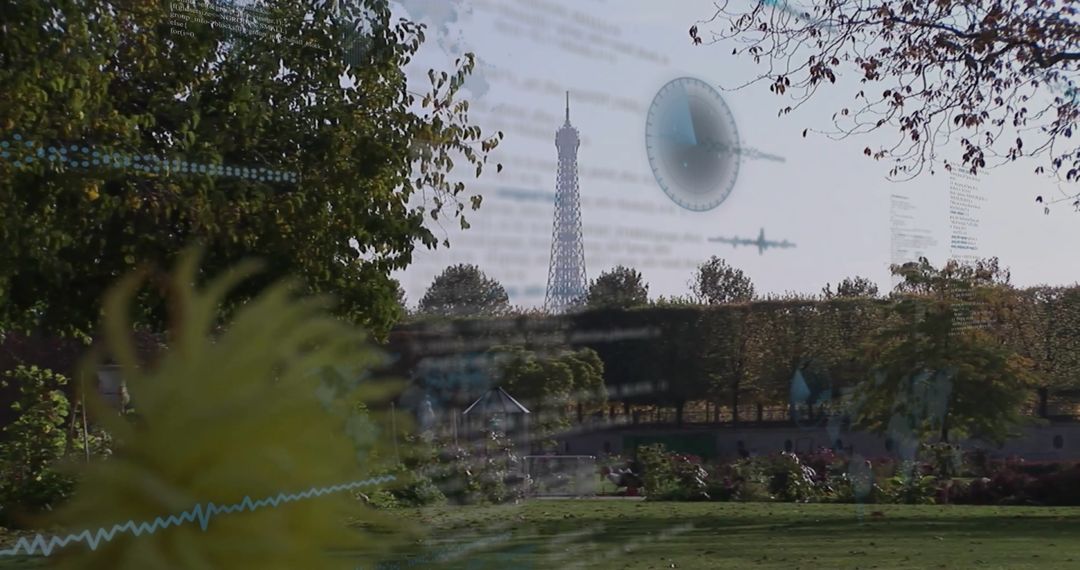 Eiffel Tower and Code Overlay in Scenic Paris Public Garden