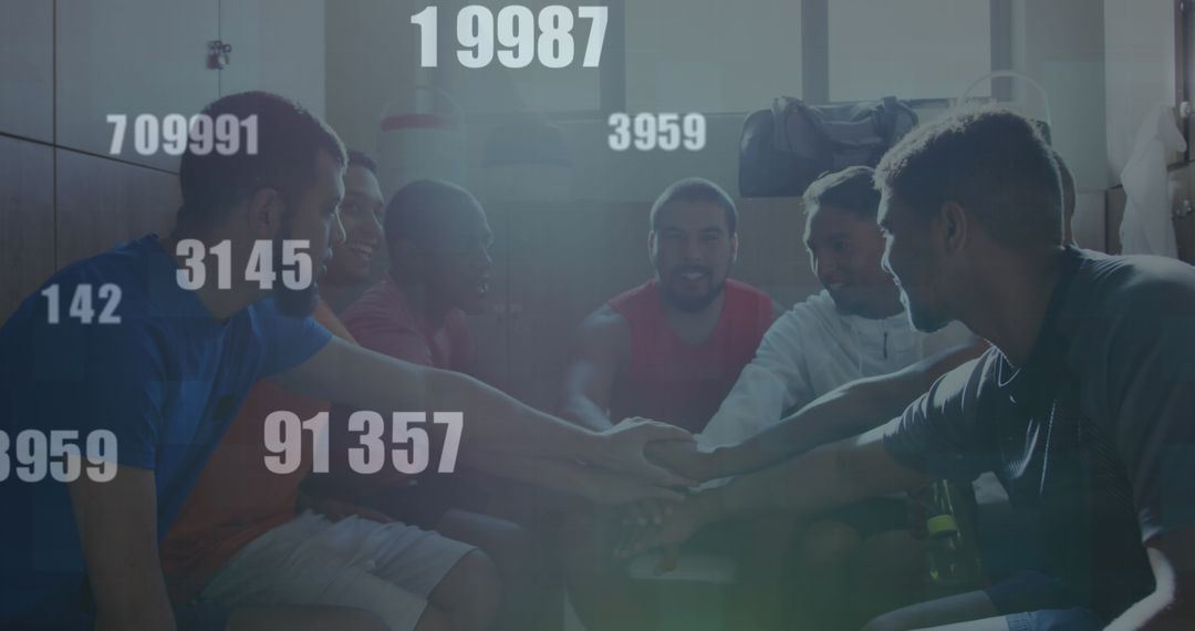 Athletes Stacking Hands with Virtual Numbers Overlay