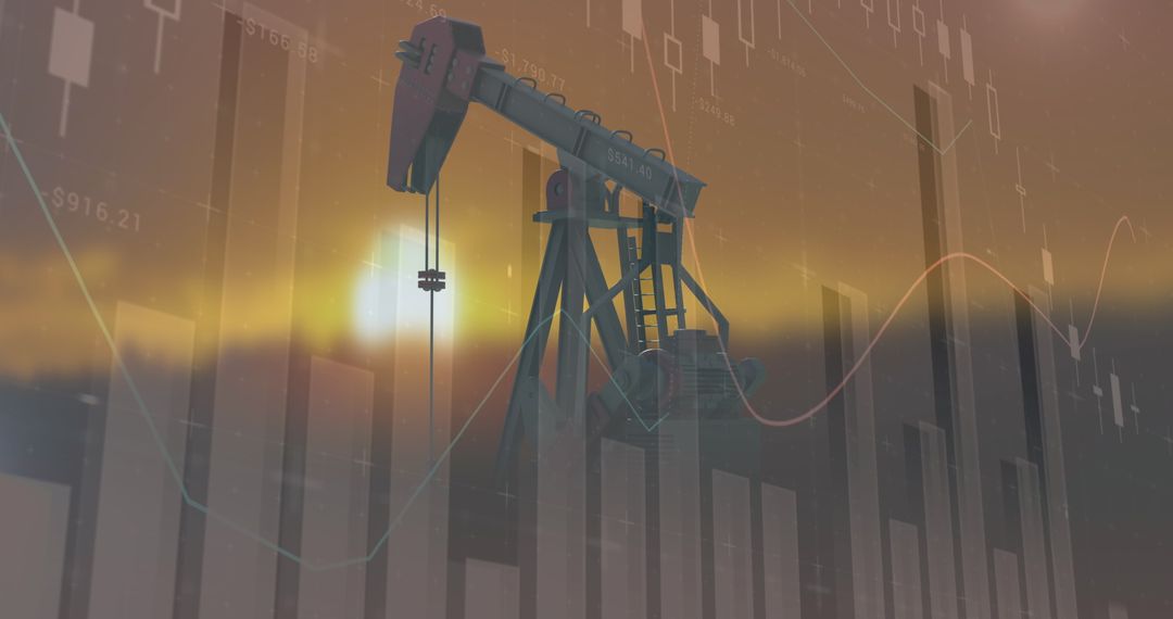 Financial Graphs Over Pump Jack in Sunset Landscape - Free Images, Stock Photos and Pictures on Pikwizard.com