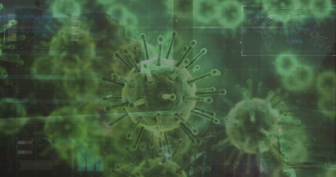 Rotating green virus particle visualization with HUD grid and world map overlay