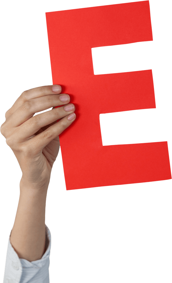 Transparent Hand Holding Red E Letter in Business Concept