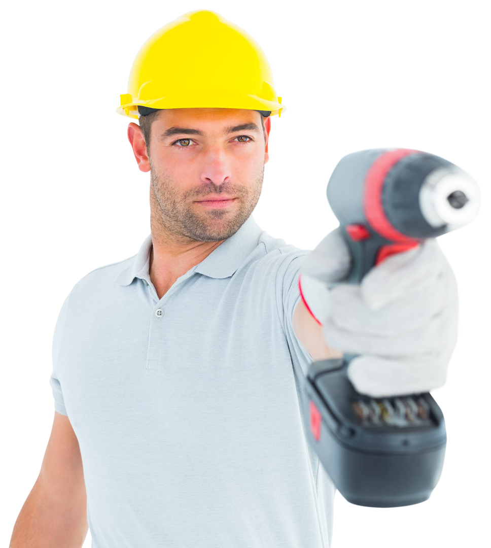 Handyman Holding Power Drill Transparent Background Wearing Yellow Hard Hat - Download Free Stock Images Pikwizard.com