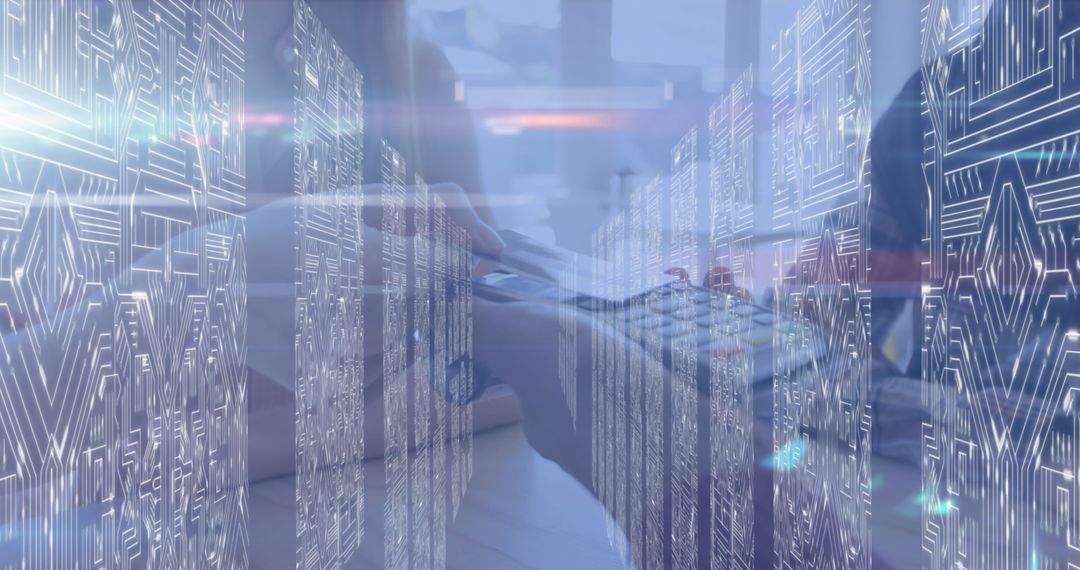 Futuristic IT Professional Typing Amidst Digital Circuit Overlay