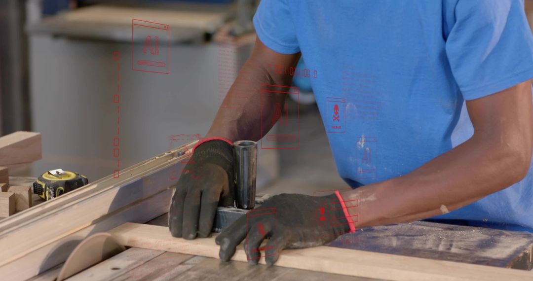 Woodworker Cutting Plank on Table Saw Wearing Gloves and Using Push Block for Safety
