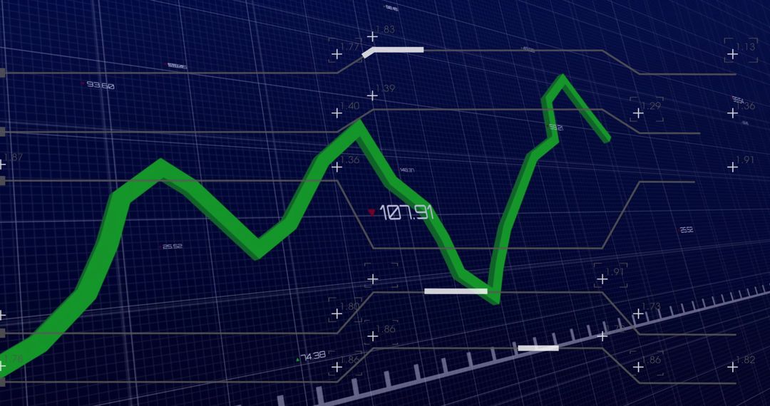 Beveled Green Trend Line Moving Across Dark Blue Grid Showing Market Data Visualization