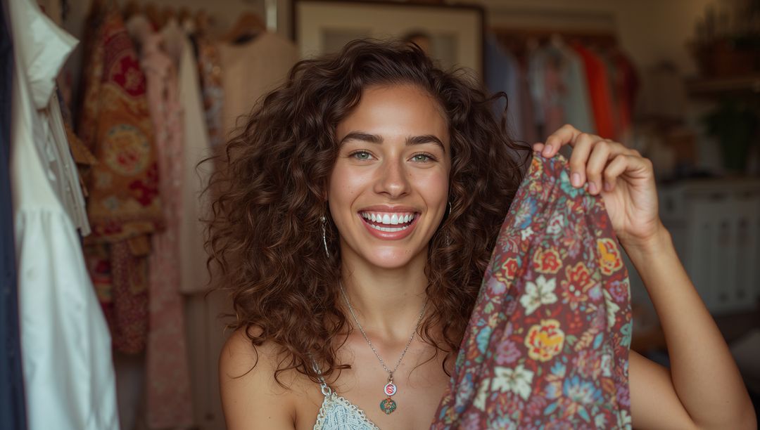 Smiling Woman Holding Colorful Garment in Fashion Boutique