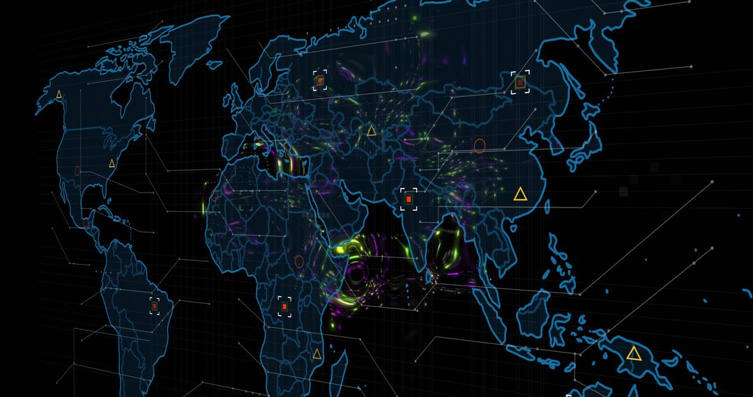 Futuristic Neon World Map Illustrating Global Data Connectivity