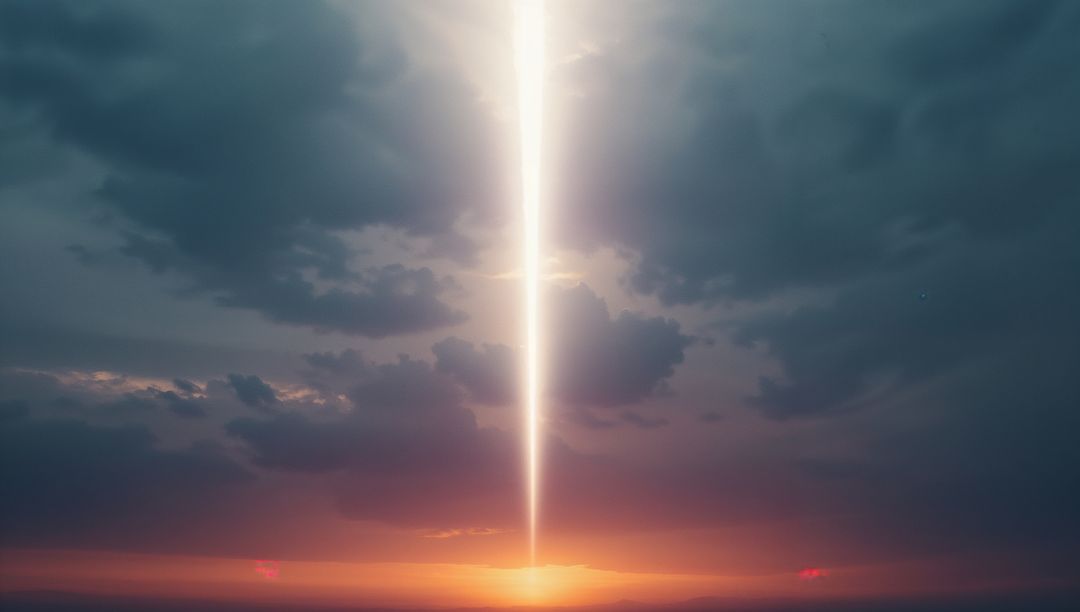 Mysterious Light Beam Piercing Dusk Clouds and Horizon