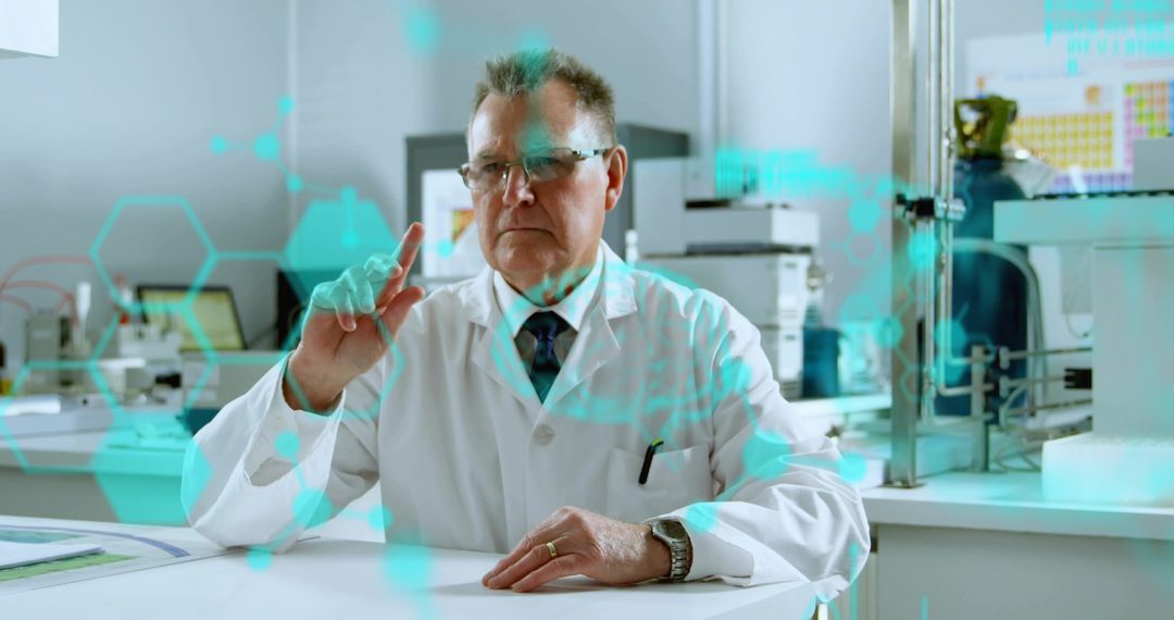 Scientist Analyzing Digital Data Overlay in Lab