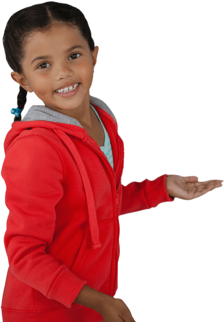 Smiling Girl in Red Hoodie with Open Gesture and Transparent Background