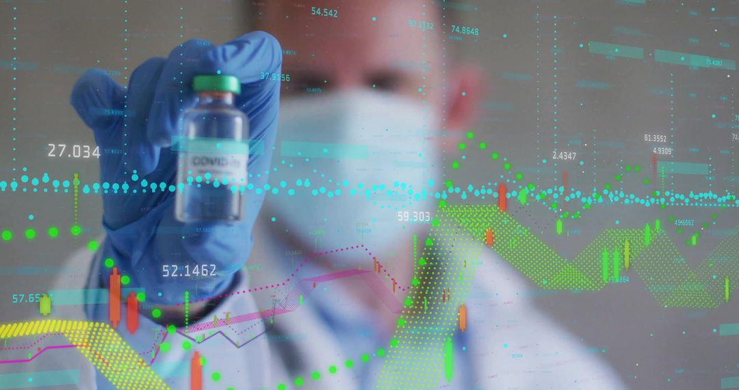 Researcher Holding COVID-19 Vaccine Vial with Data Analysis Overlay