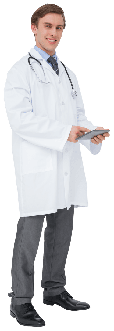 Transparent Young Doctor Using Tablet with Stethoscope