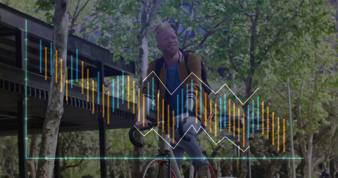 Man Biking in Urban Park with Overlayed Data Graphics