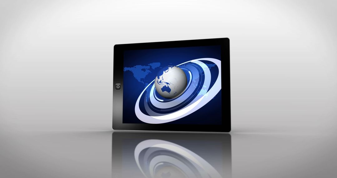 Tablet Displaying Digital Globe with Orbit Rings on Reflective Surface - Free Images, Stock Photos and Pictures on Pikwizard.com