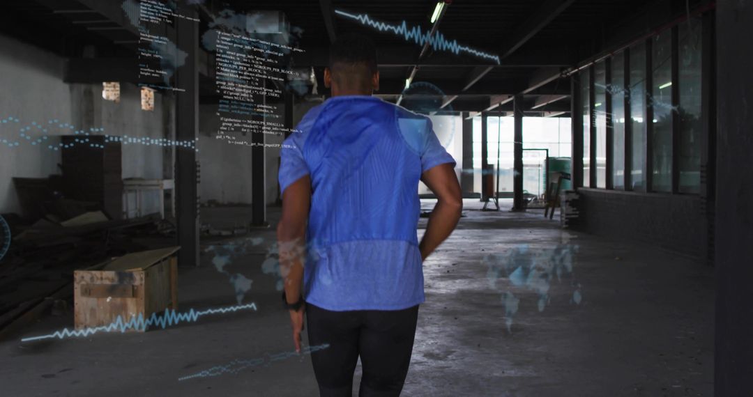 Man Analyzing Fitness Data with Smartwatch in Renovating Warehouse