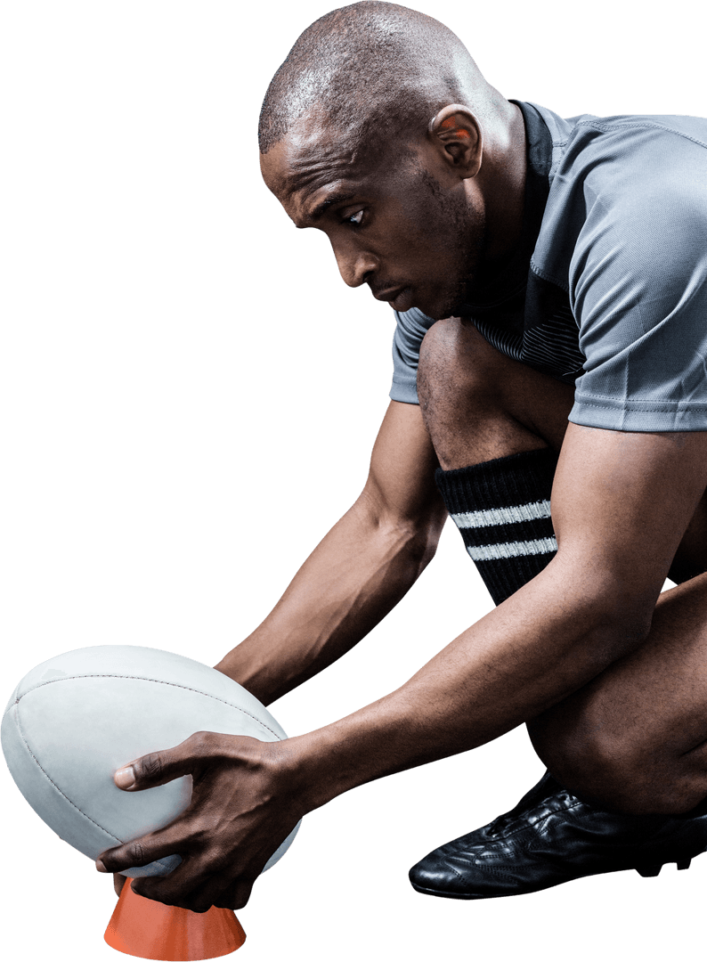 Transparent Sportsman Positioning Rugby Ball on Tee