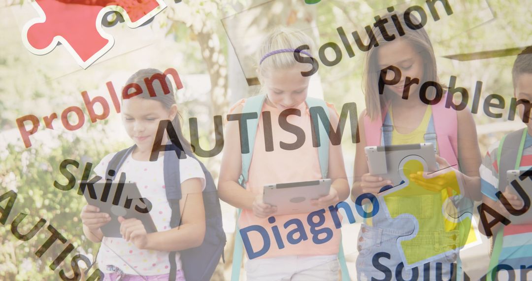 Children Using Tablets with Autism Awareness Concepts